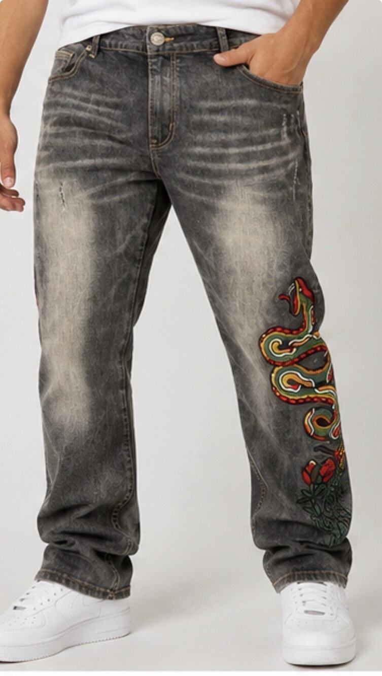 Grindhouse Denim Men’s 36 Gray Embroidered Snake Distressed Straight Jeans